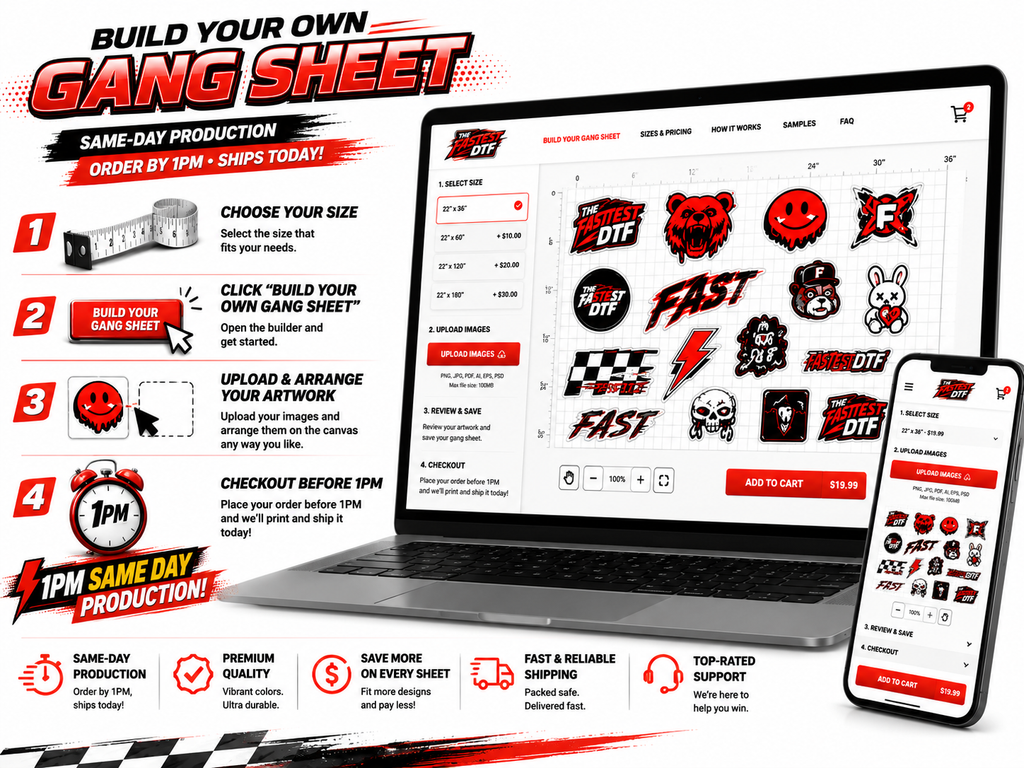 Custom 22-inch DTF gang sheet transfers printed in Anaheim by The Fastest DTF