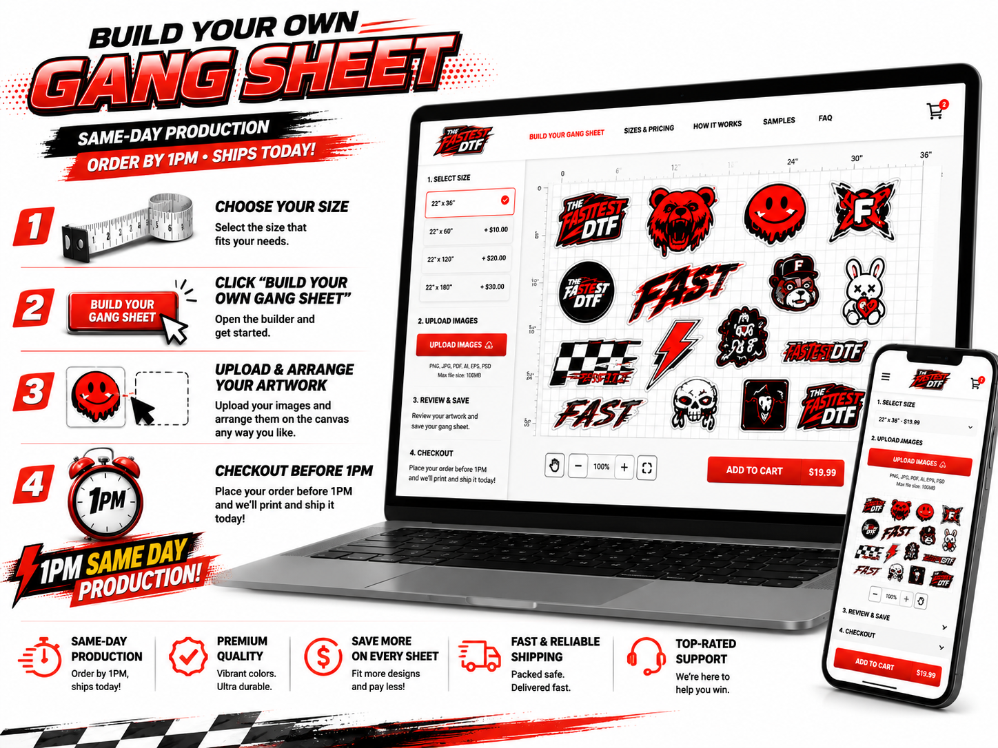 Custom 22-inch DTF gang sheet transfers printed in Anaheim by The Fastest DTF